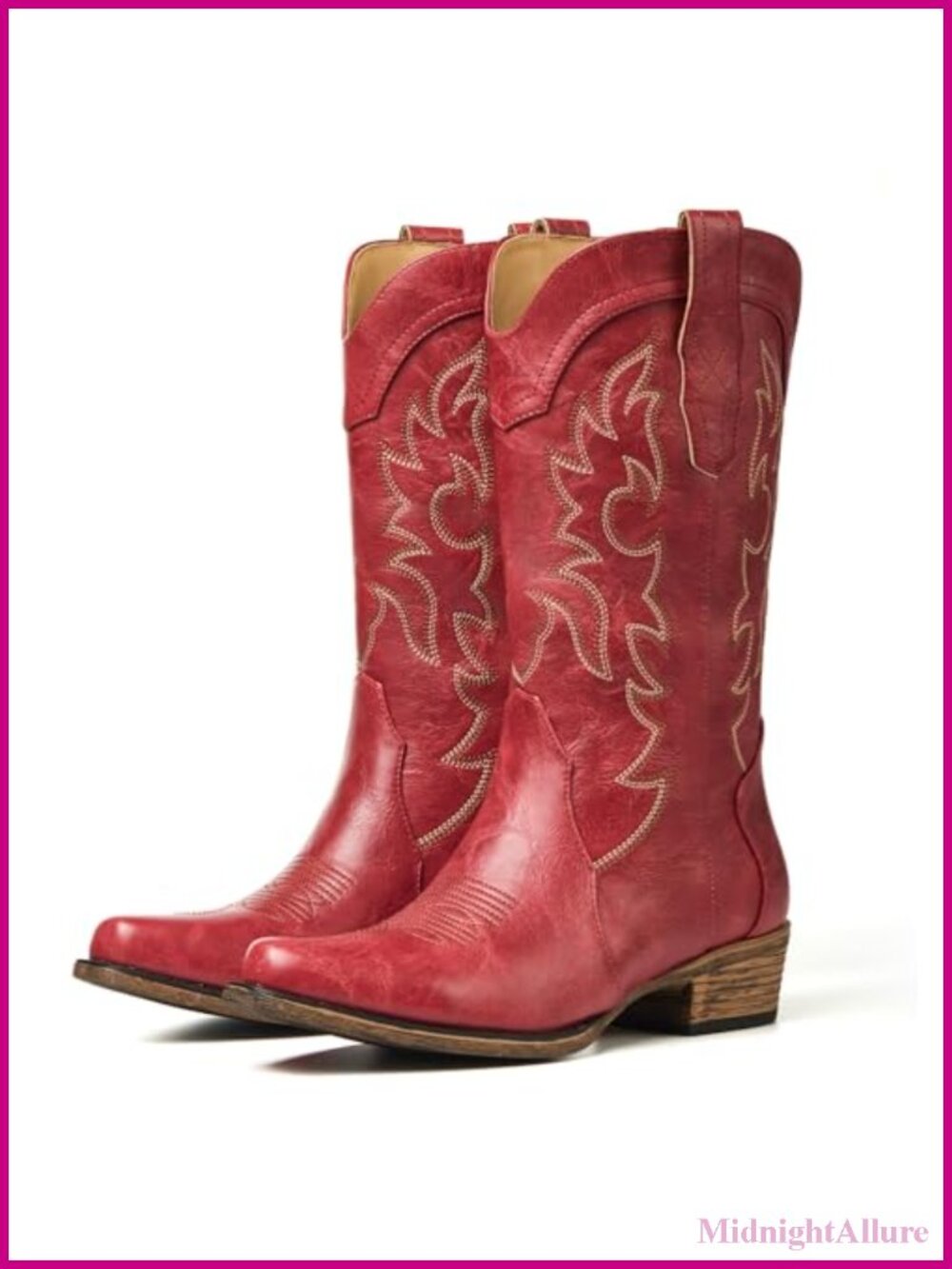 Cowboy Boots Chunky Heel Western Mid-Calf Faux Leather